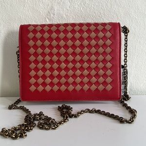 Bottega Veneta Intrecciato Leather Flap Wallet on Chain Red Womens
